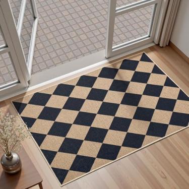 Imagem de EDIMENS Tapete quadriculado de juta fácil, tapete de porta frontal 5 x 7 cm pequeno tapete antiderrapante lavável, tapete de área externa diamante para casa de fazenda tapete de porta preto para