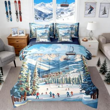 Imagem de Castle Fairy Conjunto de edredom solteiro esportivo de esqui com aquarela, árvores verdes, montanha, azul, para crianças, adolescentes e adultos, conjunto de cama leve para todas as estações, 7 peças