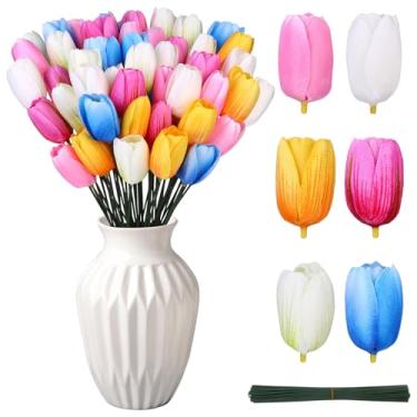 Imagem de 80 peças de tulipas falsas multicoloridas, flores artificiais de Páscoa, tulipas coloridas, flores artificiais, tulipas falsas, buquê de flores com haste para dia dos namorados, casa, casamento, dia