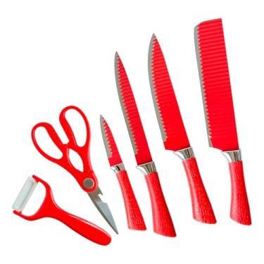 Imagem de Conjunto Jogo Facas 6 Peças Tesoura Aço Inox Vermelho SPO0731