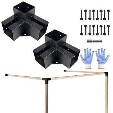 Imagem de VoTwoofv 2 peças de suporte de pérgola de canto de 3 vias, kit de pérgola DIY Woodworks para 10 x 10 cm (real: 8,9 cm x 3,5 pol.) Poste e viga de madeira, suportes de gazebo preto para pavilhão, poch