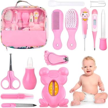 Imagem de Kit Higiene Rosa Bebê Tesoura Escova Aspirador Nasal Bolsa