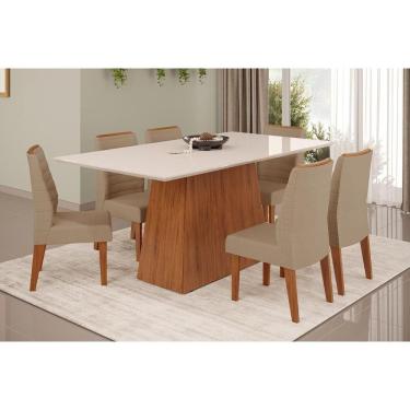 Imagem de Conjunto: Mesa de Cozinha Dulce c/ Tampo Madeirado c/ Vidro Reto 180x90cm e 6 Cadeiras Ondina Freijo/Off White - Linho Bege - DJ Móveis