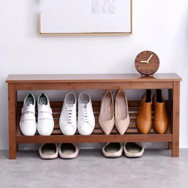 Imagem de Banco moderno de madeira maciça de meados do século em nogueira – armazenamento de entrada elegante para porta da frente, 89,9 x 21,1 x 41 cm – organizador perfeito para sapatos e acessórios