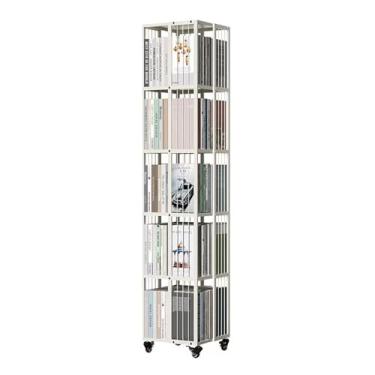 Imagem de Torre de estante giratória de 360° com rodas, suporte de armazenamento de exibição de metal para crianças e adultos, organizador de prateleira de livros de canto com rodinhas (5 níveis 13,7 x 13,7 x