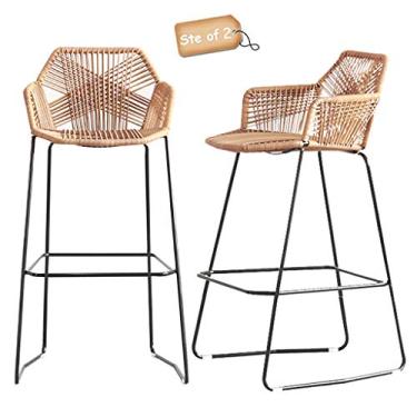 Imagem de Conjunto de 2 cadeiras de vime de vime de ferro - Bancos de bar nórdicos para cafeterias e restaurantes, com encosto, apoio para os pés e pernas de metal preto