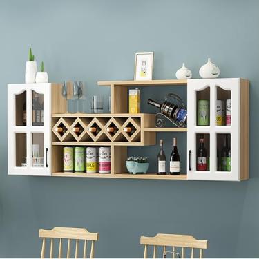 Imagem de Rack de vinho montado na parede - Prateleira de vinho de madeira para bar doméstico, cozinha e sala de jantar - Suporte de garrafa elegante e exibição de armazenamento de vinho (140 cm x 23 cm x 60 cm