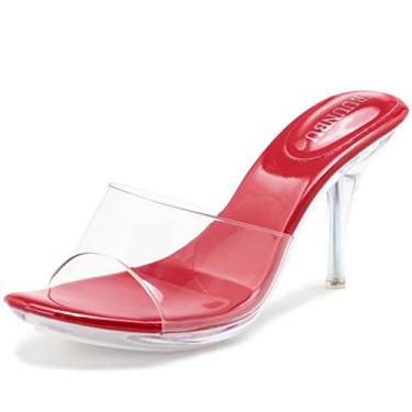 Imagem de NBUUNBU Salto prateado transparente para mulheres, sapatos sociais, tiras transparentes, salto alto, salto alto, salto alto, sandálias escarpim mules, Vermelho-9,5 cm, 36