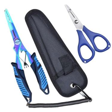 Imagem de Kit de ferramentas de alicate e tesoura de pesca de nariz agulha com cordão de bainha, alicate de pesca de aço inoxidável revestido de titânio, 16,5 cm, presente multiferramentas para iniciantes