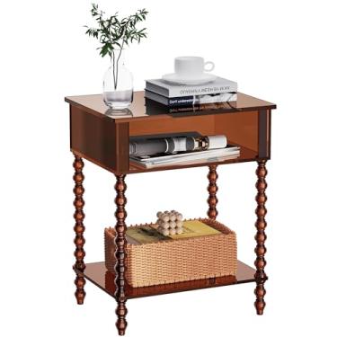 Imagem de Dewrhiixe Mesa lateral de acrílico, mesa de canto transparente de 3 camadas com armazenamento, mesa de cabeceira para sala de estar, quarto, escritório (marrom escuro, normal)