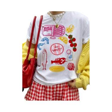 Imagem de Camiseta Casual Feminina De Manga Curta Com Estampa De Frutas E Marisc