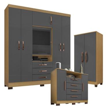 Imagem de Guarda Roupa Casal Imperial com Armário Multiuso Recife e Cômoda Madri Carvalho Americano Grafite - Incorplac