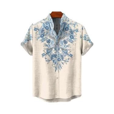 Imagem de Camisa Masculina Vintage De Linho Com Manga Curta E Estampa De Flor Ma