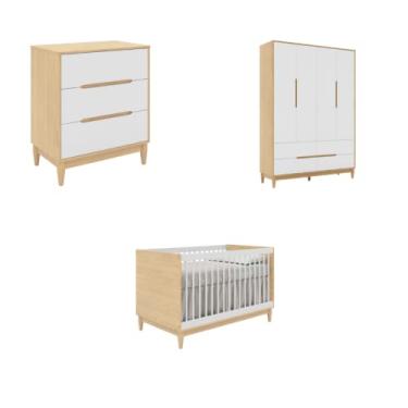 Imagem de Combo Berço + Cômoda 3 gavetas + Guarda Roupa 4 portas Branco com Carvalho