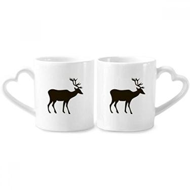Imagem de Conjunto de canecas de porcelana de casal com desenho de animal fofo de cervo preto com alça de coração