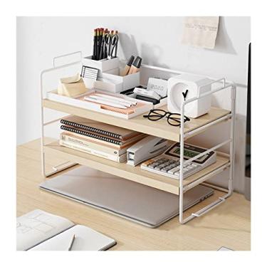 Imagem de KIZQYN Estante de livros de 2 camadas estante de mesa simples com grade de proteção rack de armazenamento de mesa de escritório pequeno organizador de mesa de ferro para armazenar livros, arquivos, materiais de escritório estante (cor: branco-a)