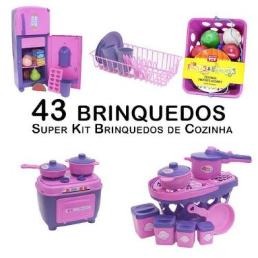 Imagem de Kit Cozinha Infantil Geladeira Fogão Panela Escorredor 43Pç - Zuca Toy