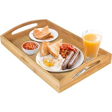 Imagem de Greenco Bandeja retangular de bambu para servir mordomo com alças – Bandejas de cama para comer – Bandeja de cama – Bandeja de café da manhã