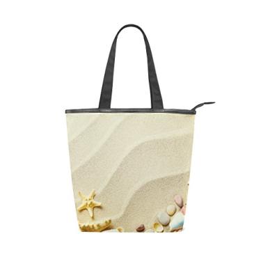 Imagem de Bolsa feminina durável de lona para praia, conchas de areia, estrela-do-mar, sacola de compras de grande capacidade