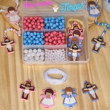 Imagem de Kit Missangas Para terço Infantil Nossa senhora Anjinho Emborrachado Azul e Rosa