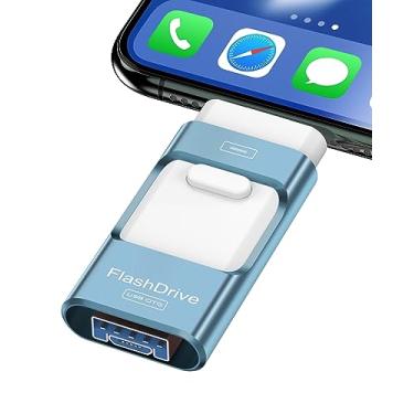 Imagem de Flash Drive de 256 GB para iPhone Photo Stick, pen drive USB Stick de transferência de alta velocidade, unidades USB de armazenamento de imagem externa de vídeo, expansão de memória para iPhone/iPad/PC (azul)