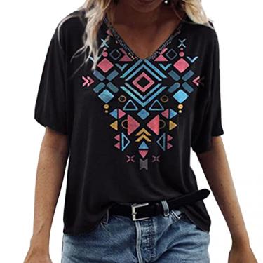 Imagem de Camisas ocidentais para mulheres com estampa solta asteca vintage étnica tribal geométrica Tops de verão Casual Blusa Camisa de manga curta Camisetas gráficas Top com Blusa O47-Marinha X-Large