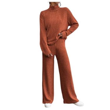 Imagem de Dressnu Conjunto casual de manga comprida de malha de gola alta para mulher camisola solta calças conjunto de duas peças castanho 2XL