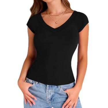 Imagem de VVK Camiseta feminina gola V manga curta slim fit 2024 casual verão malha canelada sexy ombro de fora, 1 preto, G