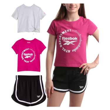 Imagem de Reebok Conjunto de shorts ativos para meninas – Camiseta de manga curta de 3 peças e shorts de ginástica golfinho de malha – Conjunto esportivo para meninas (7-12), Preto, 12