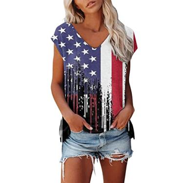 Imagem de Camiseta feminina bandeira americana listras estrelas de verão dia da independência túnica vermelha branca azul manga cavada túnica solta, Branco, XXG