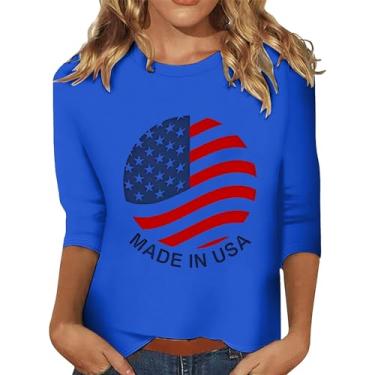 Imagem de Camisetas femininas 4 de julho com bandeira americana de verão manga 3/4 casual patriótico Memorial Day Túnica Blusa de beisebol, Azul, G