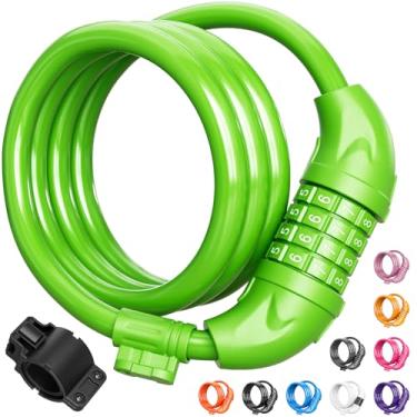 Imagem de Cadeado de bicicleta Titanker, cabo de trava de bicicleta de 1,8 m, trava de cabo de bicicleta com suporte de montagem, 1,27 cm de diâmetro, Verde, 1 Pack