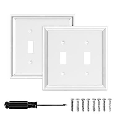 Imagem de Placa de parede decorativa branca moderna para interruptor de luz decorativa capas de saída para interruptor basculante placas de parede de material de fibra de bambu para cozinha banheiro (2 interruptores duplos - 2 pacotes)