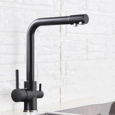 Imagem de Torneira de cozinha com filtro de níquel escovado, torneira de cozinha para água potável, montada no deck, alças duplas, misturador de água quente e fria de 3 vias, preto fosco