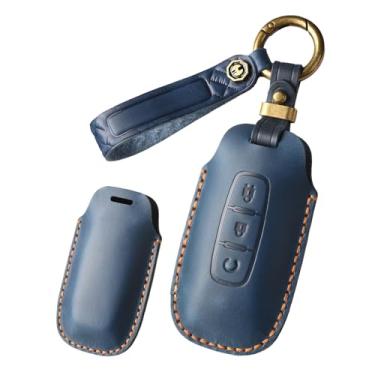 Imagem de HIBEYO Capa de chaveiro de couro genuíno para presente personalizável compatível com Nissan Teana Pathfinder Kicks X-Trail Rogue 2024 2023 Acessórios Capa de chave personalizada - 3 botões D tipo azul