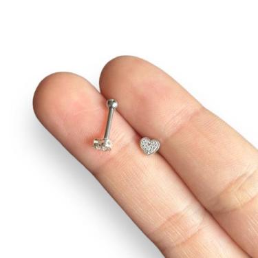 Imagem de Piercing Orelha Coração Prata 925 com Pedra Zircônia - RaraSteel Pierc