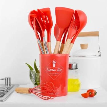 Imagem de Kit Utensílios de Silicone para Cozinha 12 Peças Cabo Madeira Vermelho