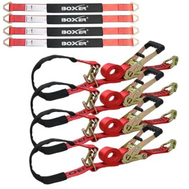 Imagem de Boxer Kit de 4 ferramentas de amarração de carro ajustável resistente com trava de segurança J Hook - Resistência à ruptura 4,5 kg - Carga de trabalho 1,511 kg - 5 cm x 289 cm Alça vermelha premium
