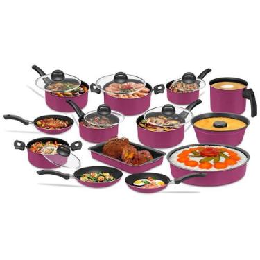 Imagem de Conjunto Panelas Antiaderente Tampa De Vidro 13 Peças - Rosa - Naciona