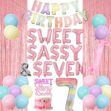 Imagem de Wonmelody Sweet Sassy and Seven Birthday Party Decorations Sweet 7th Birthday Decor Sweet Sassy and Seven Balloon Banner Cake Topper Pastel Donut 7th Birthday Happy Birthday Banner Sash for Girl