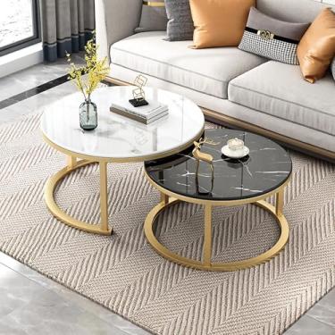 Imagem de Conjunto de mesas de centro redondas de vidro, mesa lateral redonda empilhável moderna para sala de estar com moldura de metal resistente, sofá de alto brilho para quarto, sala de estar, escritório em