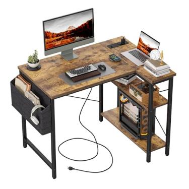 Imagem de TIQLAB Mesa de Computador em Forma de L, 101,2 cm com Tomadas de Energia, Mesa de Canto para Escritório e Jogos, Estudo e Escrita, Marrom Rústico, Moderno e Minimalista