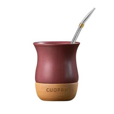 Imagem de Copo de erva mate de cerâmica de 227 g com base de madeira original, inclui cabaça mate, canudo Bombilla e escova de limpeza - perfeita para erva mate tradicional e caneca de bebida de estilo moderno