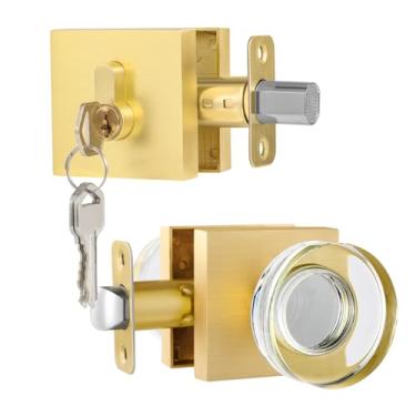 Imagem de newliplace Maçaneta de porta de vidro externa com trava de fechadura de cilindro único, maçaneta de porta de cristal de entrada com fecho, conjunto de fechadura de porta frontal dourada, maçaneta da