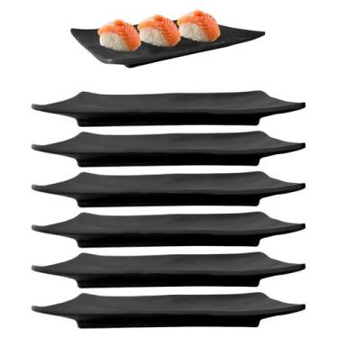 Imagem de 6 Pratos Retangular Raso Oriental em Melamina Preto 20cm - Riodeouro