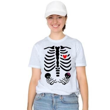 Imagem de Camiseta Esqueleto Grávida Gêmeos Menino Menina Camisa Personalizada B