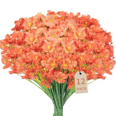 Imagem de Orionstar 12 pacotes de flores artificiais laranjas, orquídeas de plástico que não desbotam para decoração, vasos suspensos, ambientes internos, externos, jardim, varanda, janela, caixa, casa, casa de