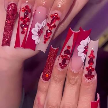 Imagem de RTKHFZE Unhas Postiças Vermelhas, Unhas Postiças Longas, Unhas Quadradas Extra Longas, Unhas Postiças Com Design De Flores E Strass, Unhas Acrílicas Brilhantes, Unhas Artificiais