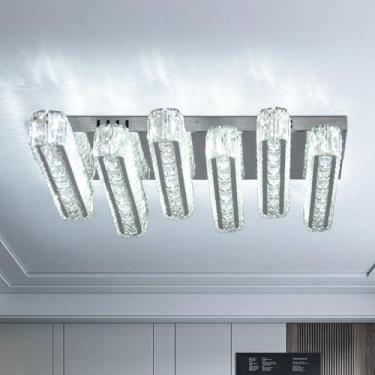 Imagem de CXGLEAMING Lustres De Cristal Modernos 6 Luzes Led Montagem Embutida Luz De Teto 20,4" Grande Retângulo Lustre Luminária De Teto Para Sala De Estar Quarto (Branco Frio)