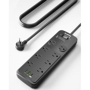 Imagem de PLUGTUL Protetor De Surtos De Energia De 6 Pés, Protetor De Surtos Com 8 Tomadas - Design Espaçoso Para Plugues Grandes, Plugue Plano, Carregamento Usb C De 20 W Para Casa, Escritório, Listado Pela